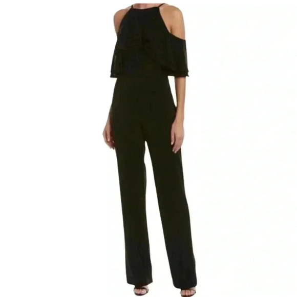 New  Feathers Brand  Cold Shoulder Black Wide Leg Jumpsuit Size L - Picture 1 of 5